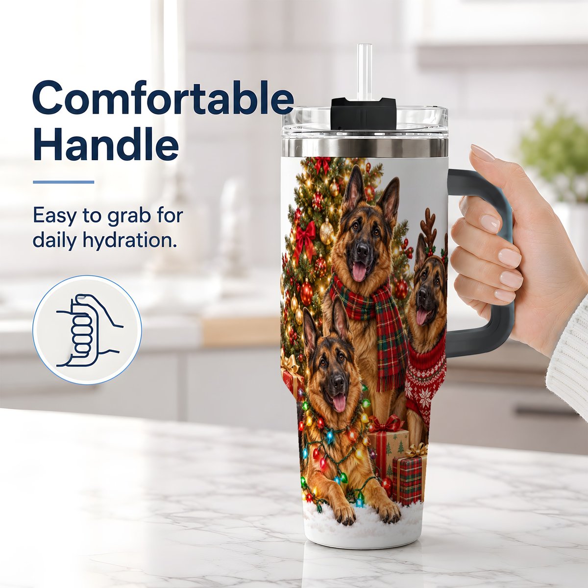 #pl[40oz|Black] Christmas German Shepherd Trio Tumbler 40oz, Festive Dogs