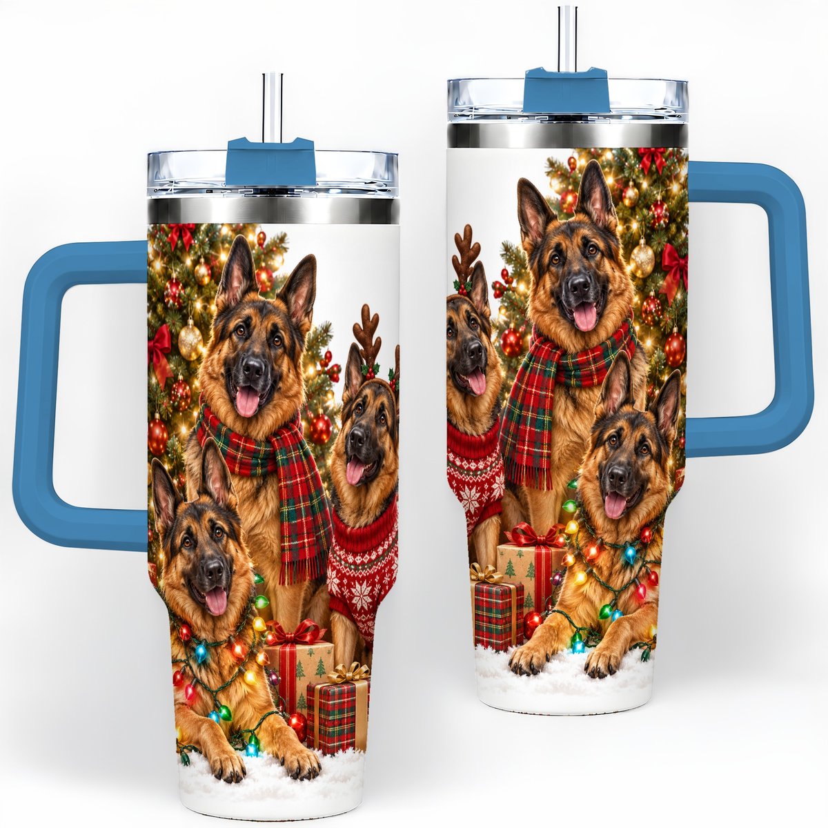 #pl[40oz|Blue] Christmas German Shepherd Trio Tumbler 40oz, Festive Dogs