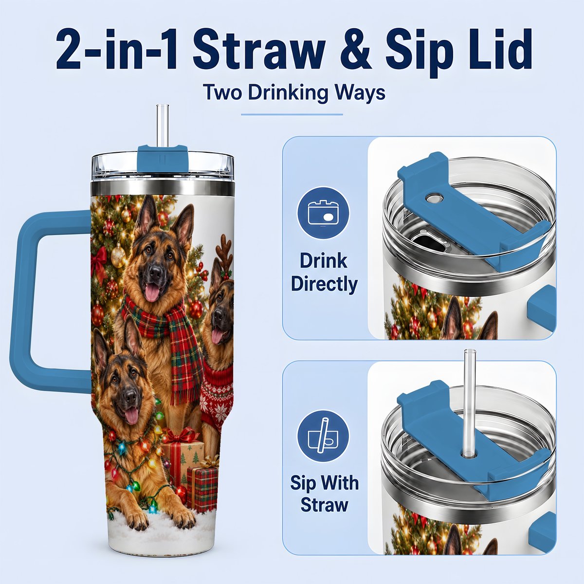#pl[40oz|Blue] Christmas German Shepherd Trio Tumbler 40oz, Festive Dogs