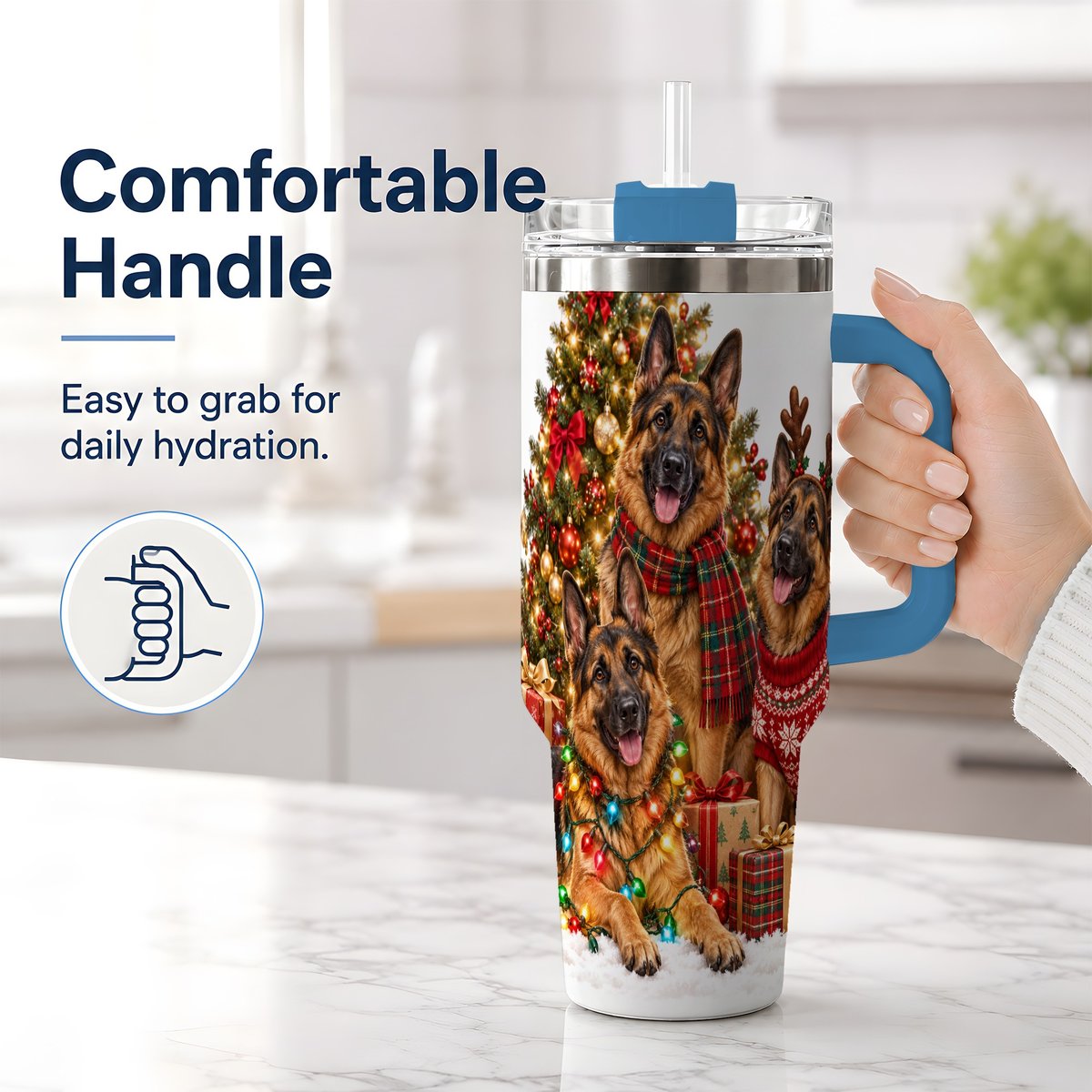 #pl[40oz|Blue] Christmas German Shepherd Trio Tumbler 40oz, Festive Dogs