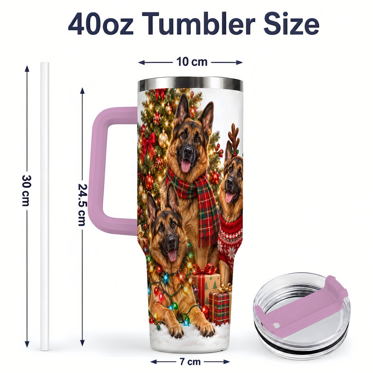 #pl[40oz|Pink] Christmas German Shepherd Trio Tumbler 40oz, Festive Dogs
