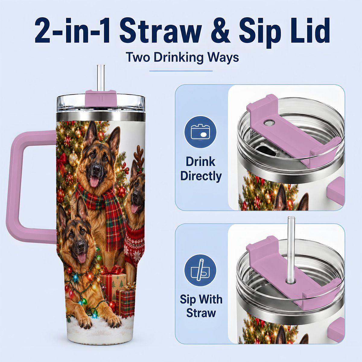 #pl[40oz|Pink] Christmas German Shepherd Trio Tumbler 40oz, Festive Dogs