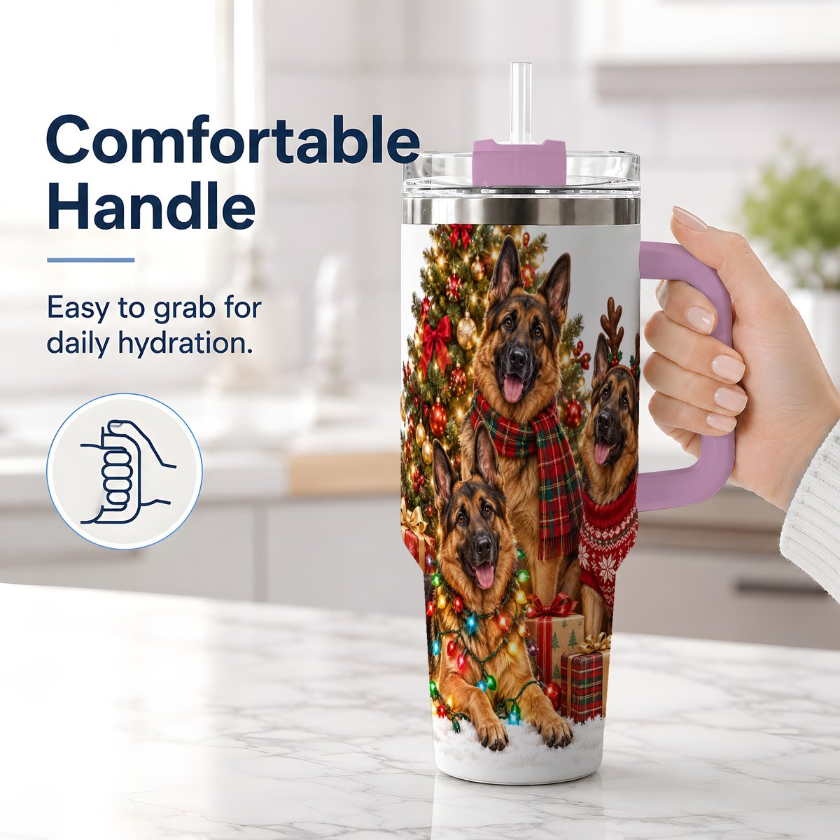 #pl[40oz|Pink] Christmas German Shepherd Trio Tumbler 40oz, Festive Dogs