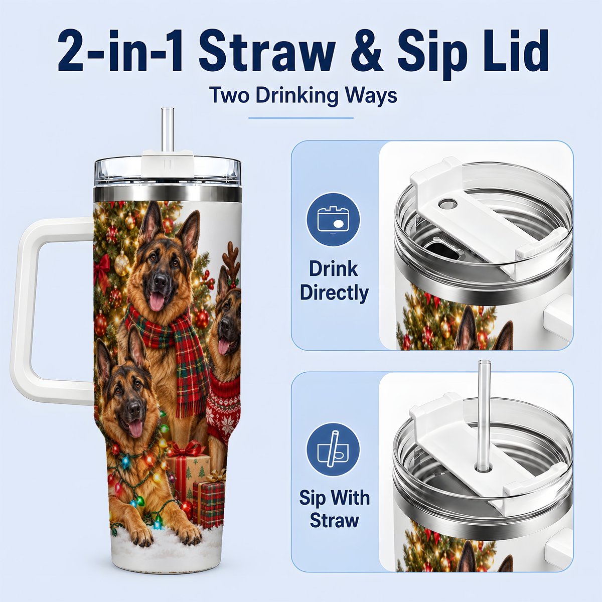 #pl[40oz|White] Christmas German Shepherd Trio Tumbler 40oz, Festive Dogs