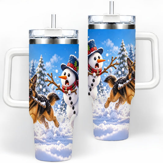 German Shepherd Snowman Tumbler 40oz, Playful Snow Scene
