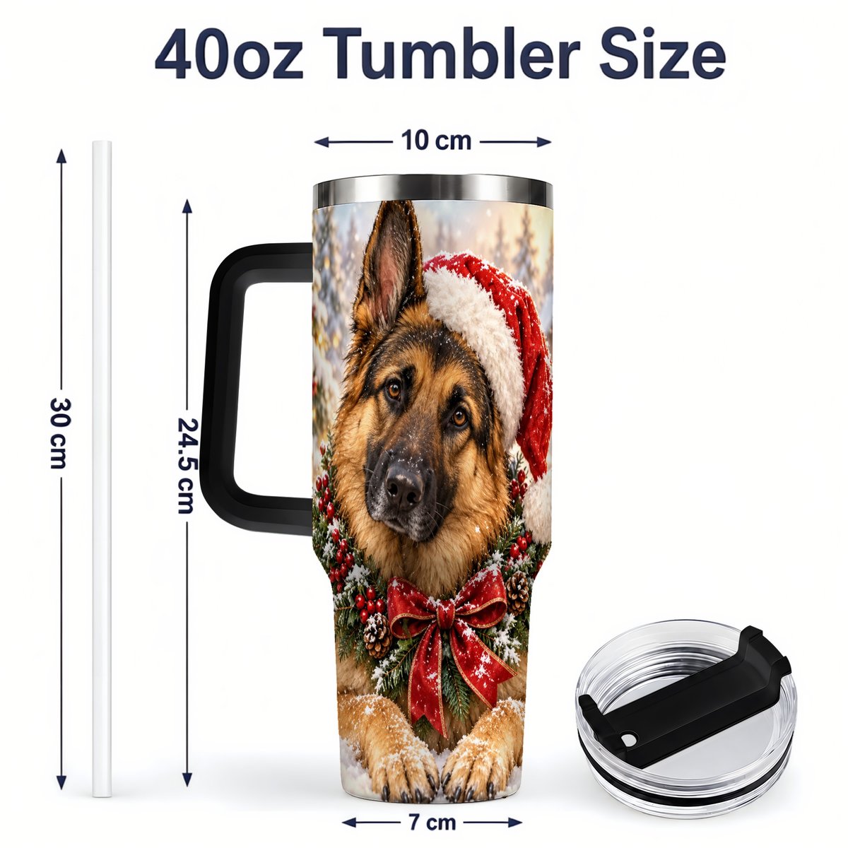 #pl[40oz|Black] Christmas German Shepherd Tumbler 40oz, Snowy Dog Portrait