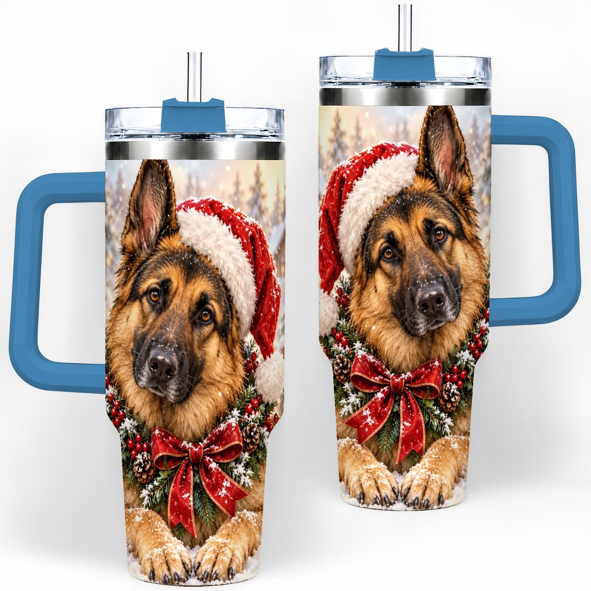 #pl[40oz|Blue] Christmas German Shepherd Tumbler 40oz, Snowy Dog Portrait