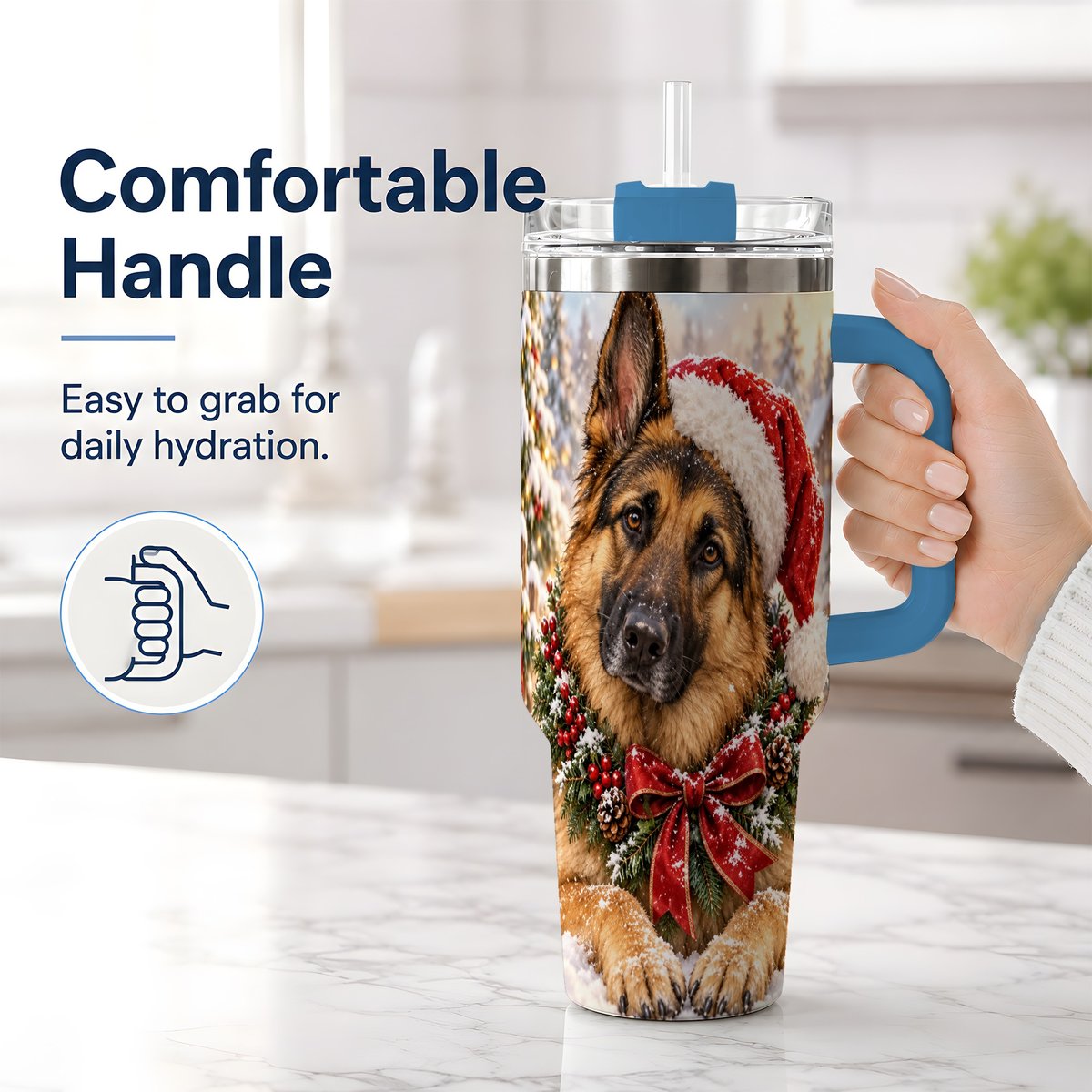 #pl[40oz|Blue] Christmas German Shepherd Tumbler 40oz, Snowy Dog Portrait