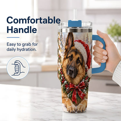 #pl[40oz|Blue] Christmas German Shepherd Tumbler 40oz, Snowy Dog Portrait