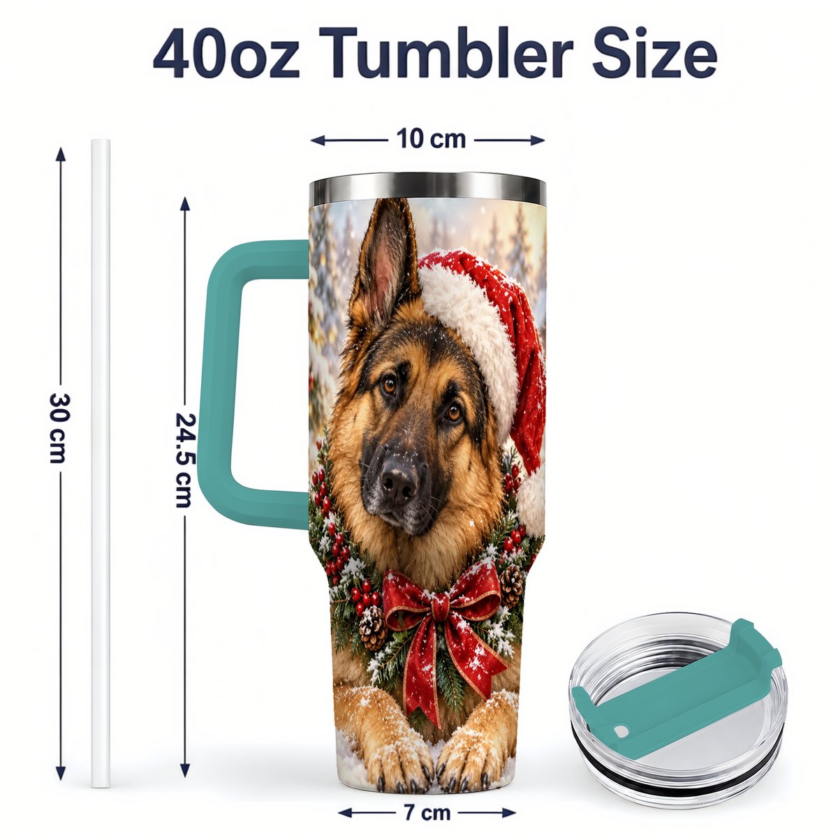 #pl[40oz|Green] Christmas German Shepherd Tumbler 40oz, Snowy Dog Portrait