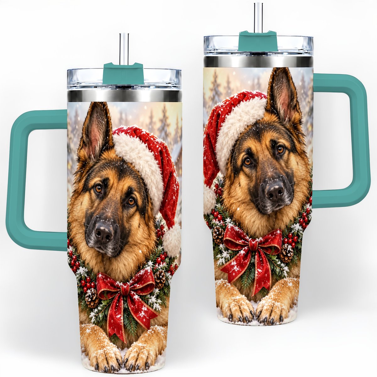#pl[40oz|Green] Christmas German Shepherd Tumbler 40oz, Snowy Dog Portrait