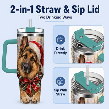#pl[40oz|Green] Christmas German Shepherd Tumbler 40oz, Snowy Dog Portrait