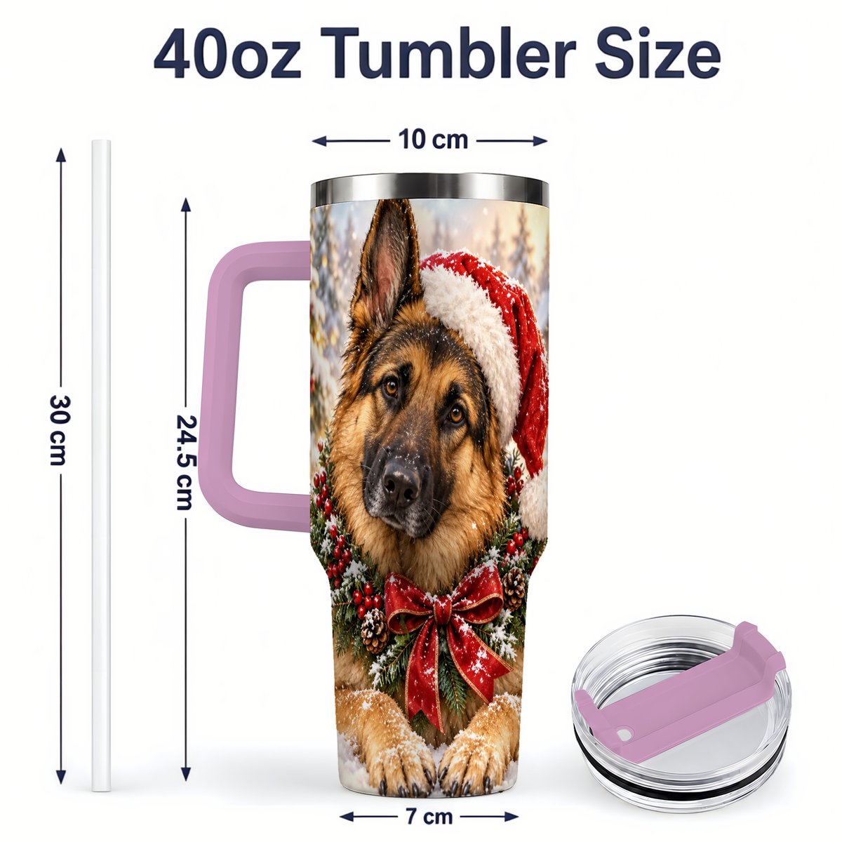 #pl[40oz|Pink] Christmas German Shepherd Tumbler 40oz, Snowy Dog Portrait