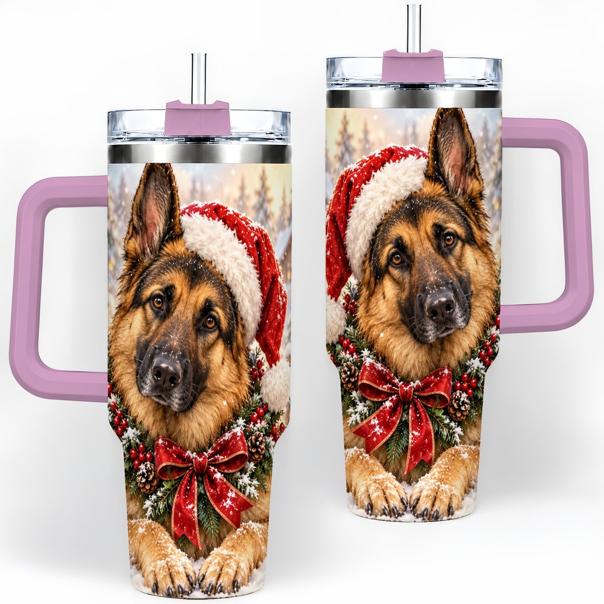 #pl[40oz|Pink] Christmas German Shepherd Tumbler 40oz, Snowy Dog Portrait