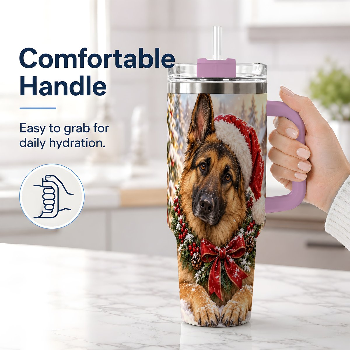 #pl[40oz|Pink] Christmas German Shepherd Tumbler 40oz, Snowy Dog Portrait