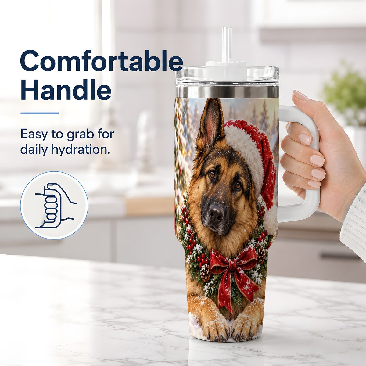 #pl[40oz|White] Christmas German Shepherd Tumbler 40oz, Snowy Dog Portrait