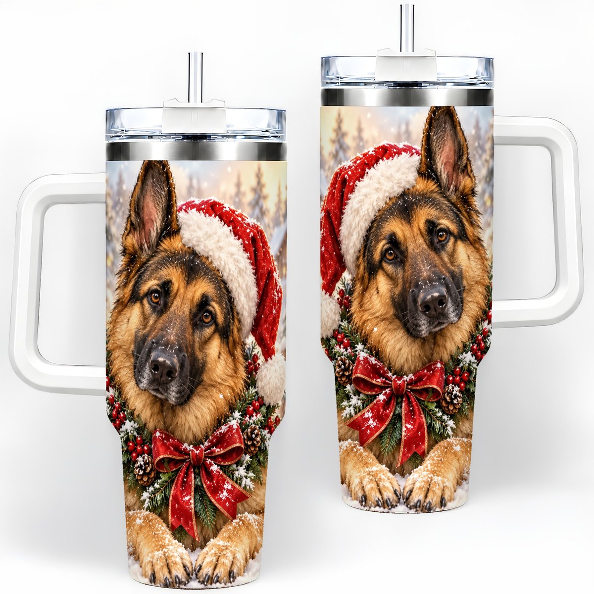 Christmas German Shepherd Tumbler 40oz, Snowy Dog Portrait