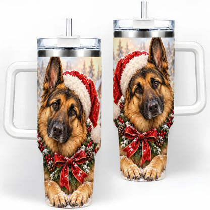 Christmas German Shepherd Tumbler 40oz, Snowy Dog Portrait
