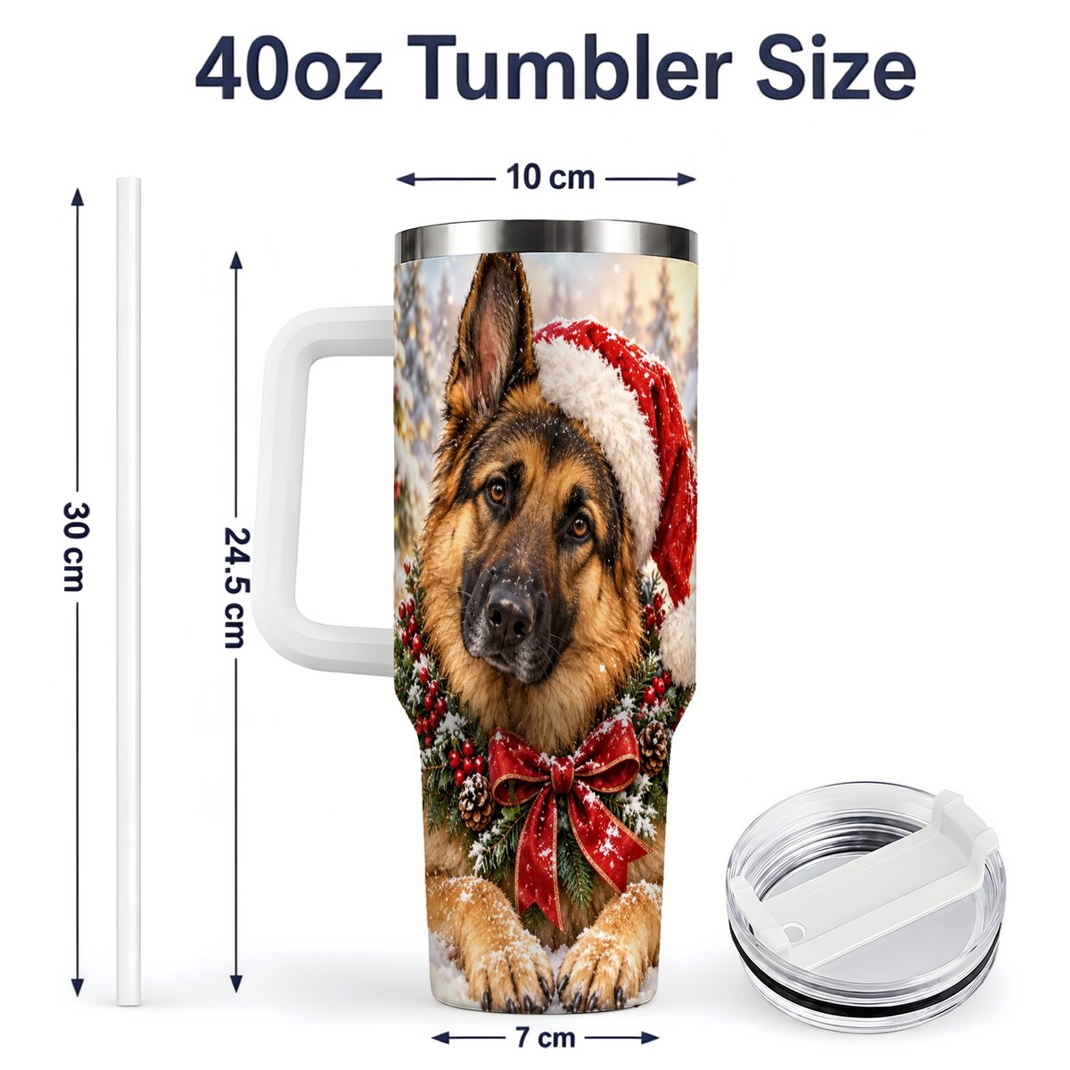 #pl[40oz|White] Christmas German Shepherd Tumbler 40oz, Snowy Dog Portrait