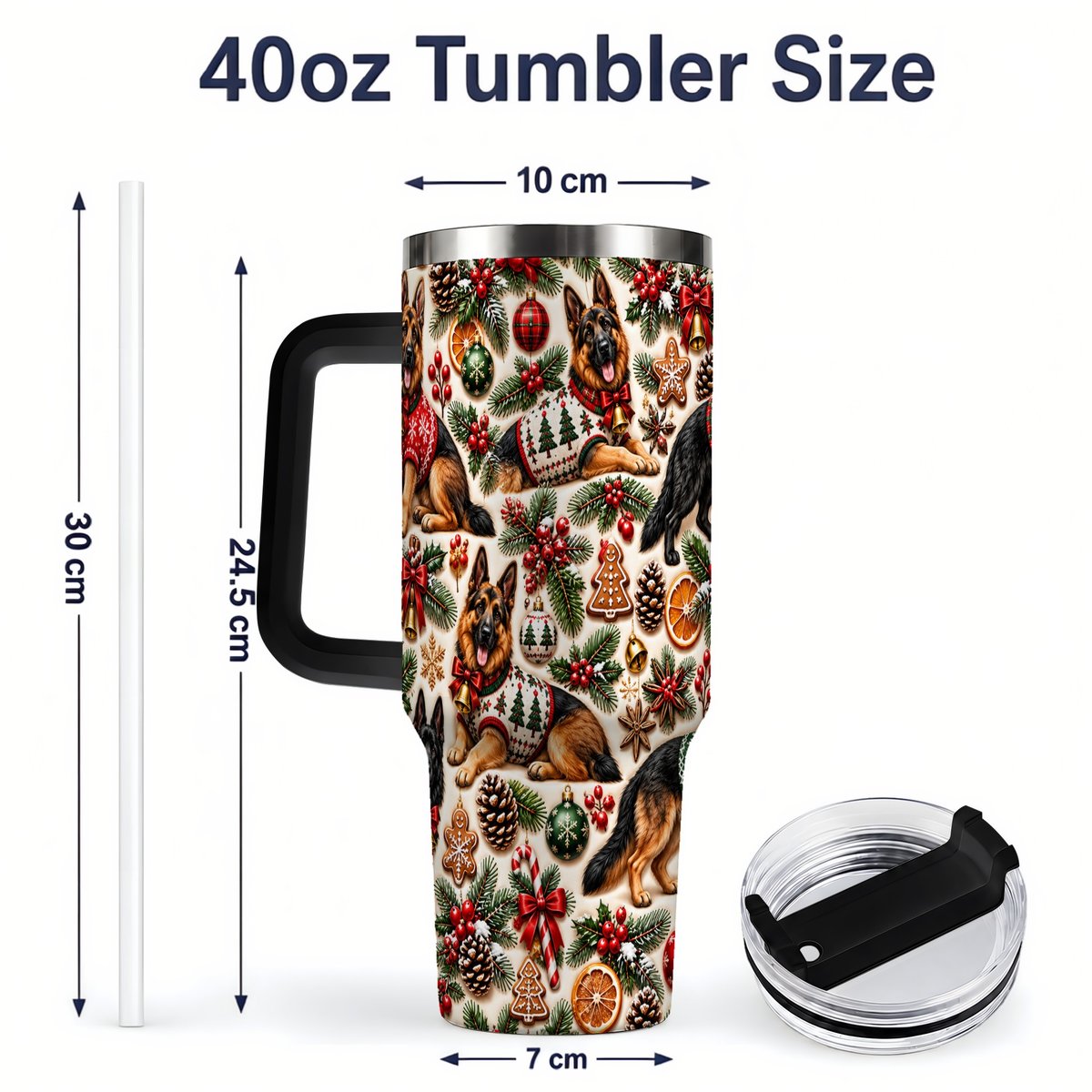 #pl[40oz|Black] Christmas German Shepherd Tumbler 40oz, Holiday Dog Pattern
