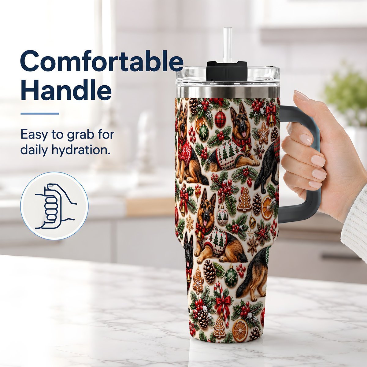 #pl[40oz|Black] Christmas German Shepherd Tumbler 40oz, Holiday Dog Pattern