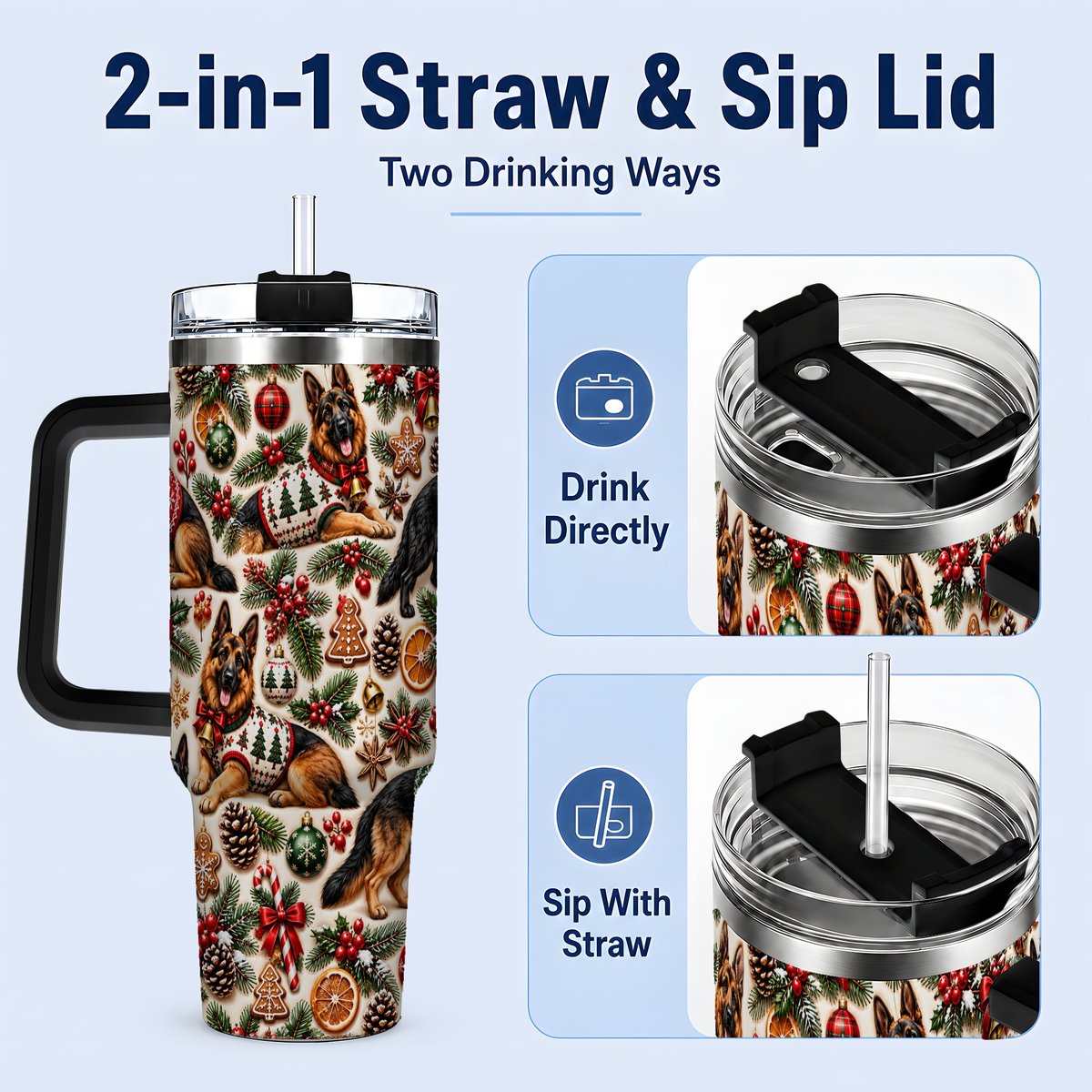 #pl[40oz|Black] Christmas German Shepherd Tumbler 40oz, Holiday Dog Pattern