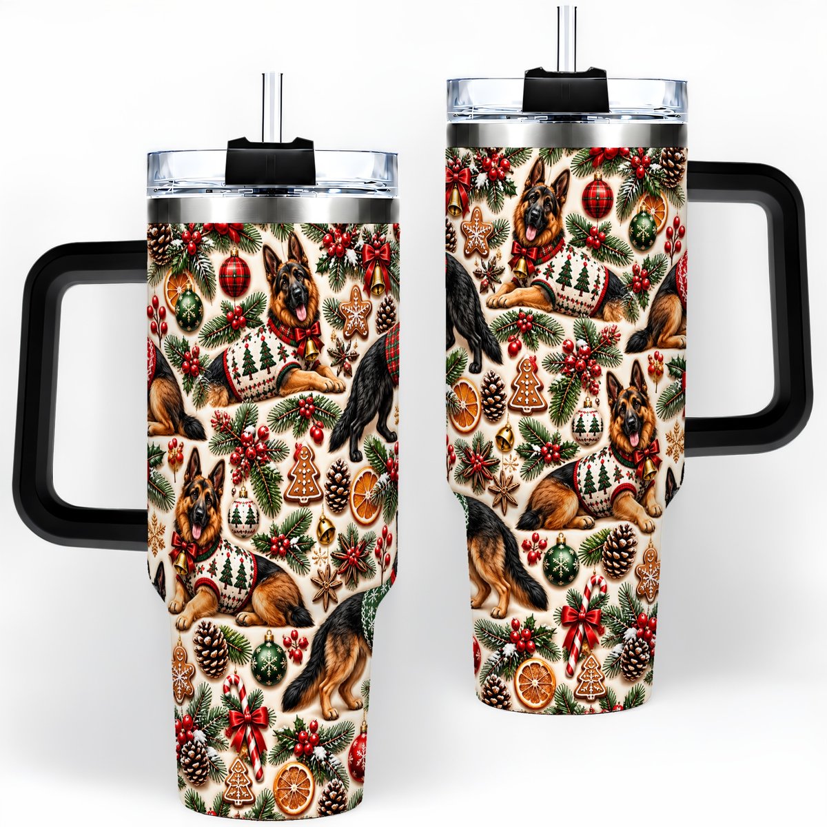 #pl[40oz|Black] Christmas German Shepherd Tumbler 40oz, Holiday Dog Pattern