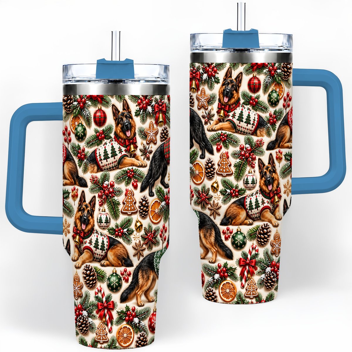 #pl[40oz|Blue] Christmas German Shepherd Tumbler 40oz, Holiday Dog Pattern