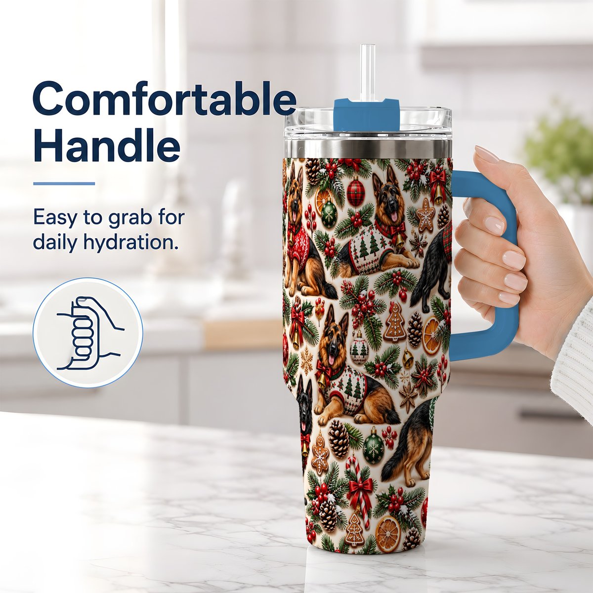 #pl[40oz|Blue] Christmas German Shepherd Tumbler 40oz, Holiday Dog Pattern