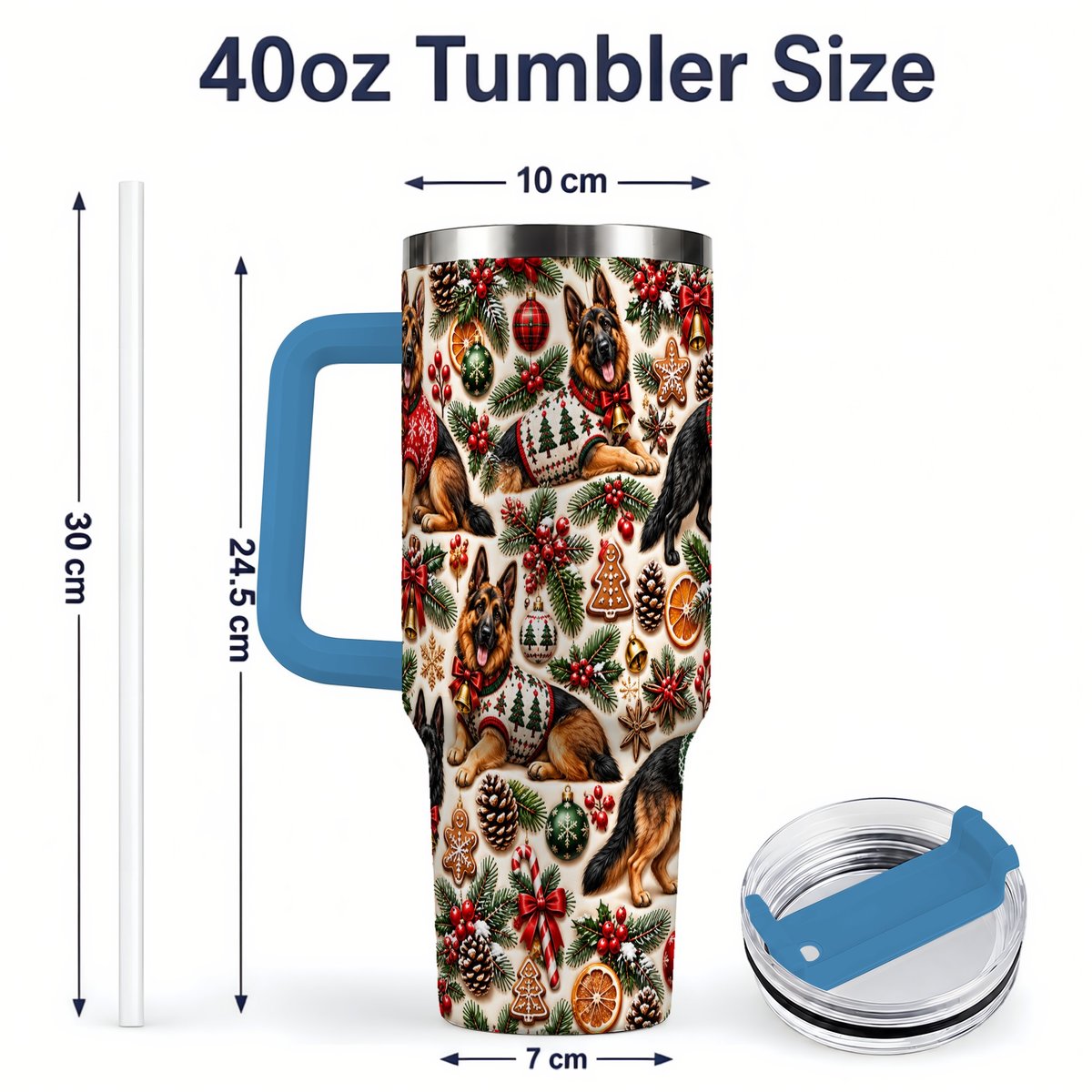 #pl[40oz|Blue] Christmas German Shepherd Tumbler 40oz, Holiday Dog Pattern