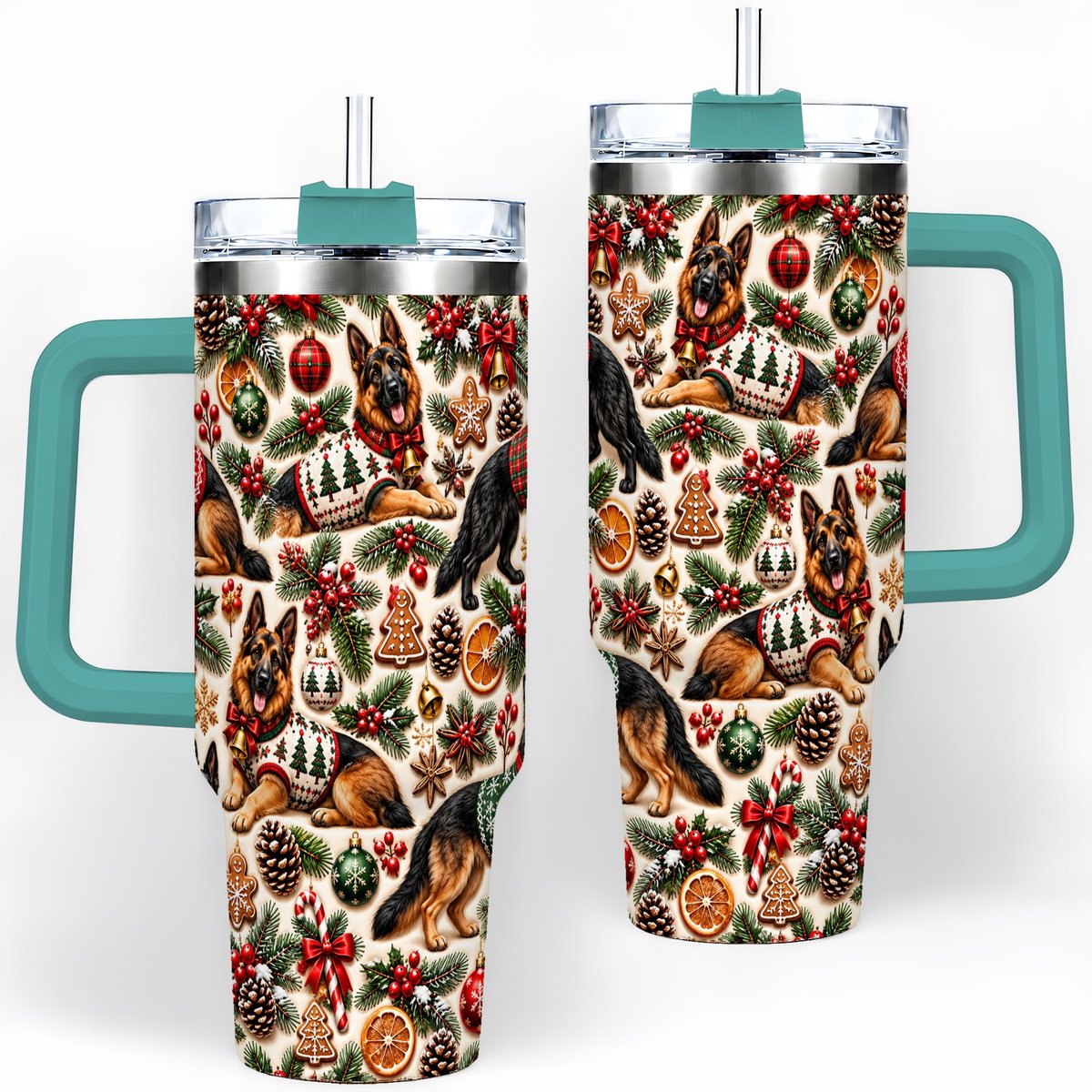 #pl[40oz|Green] Christmas German Shepherd Tumbler 40oz, Holiday Dog Pattern