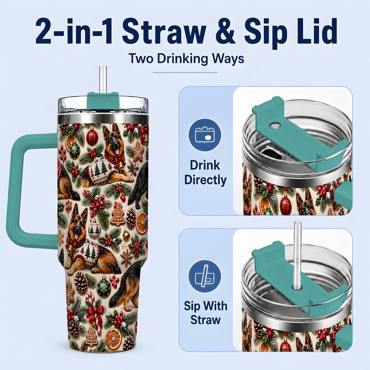#pl[40oz|Green] Christmas German Shepherd Tumbler 40oz, Holiday Dog Pattern