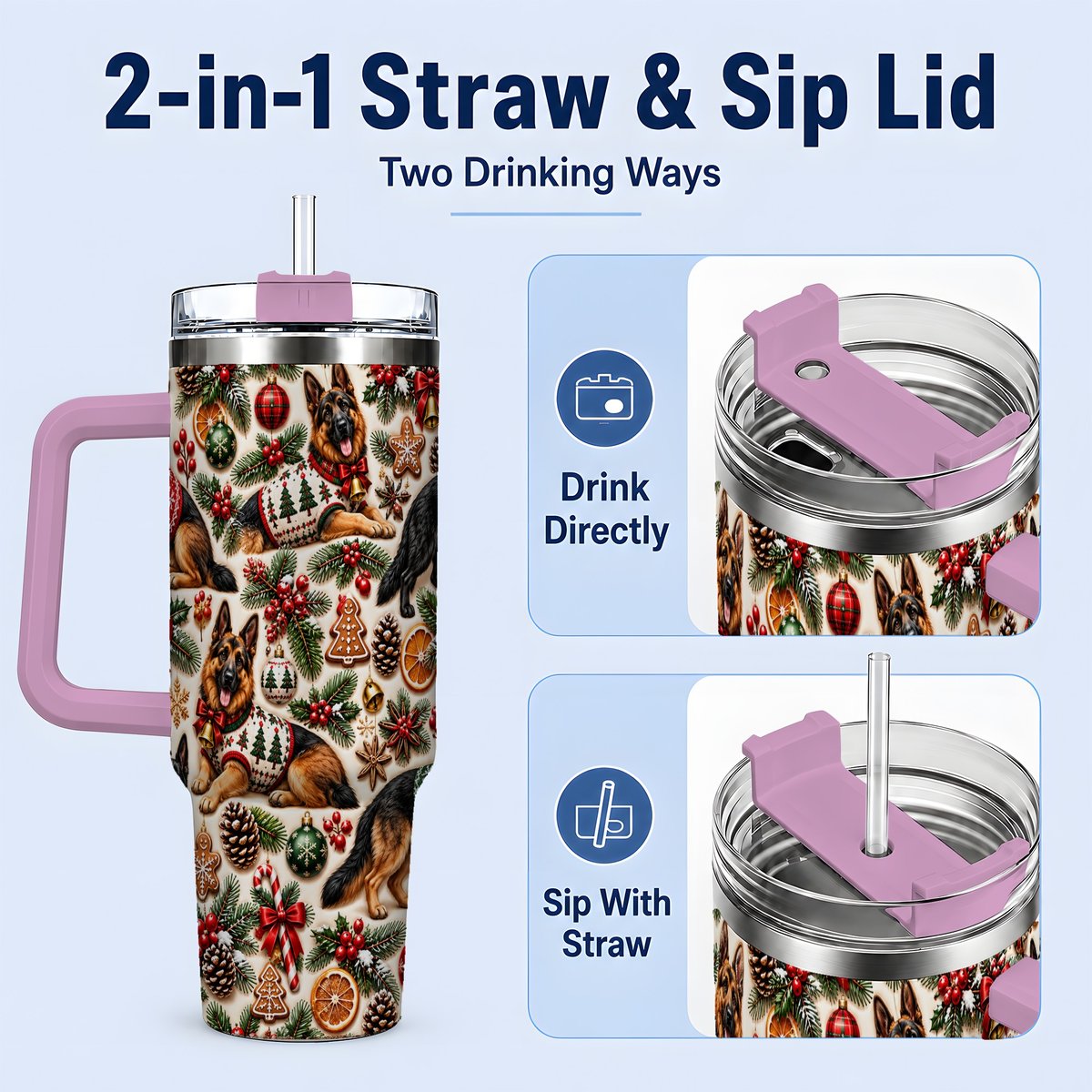 #pl[40oz|Pink] Christmas German Shepherd Tumbler 40oz, Holiday Dog Pattern