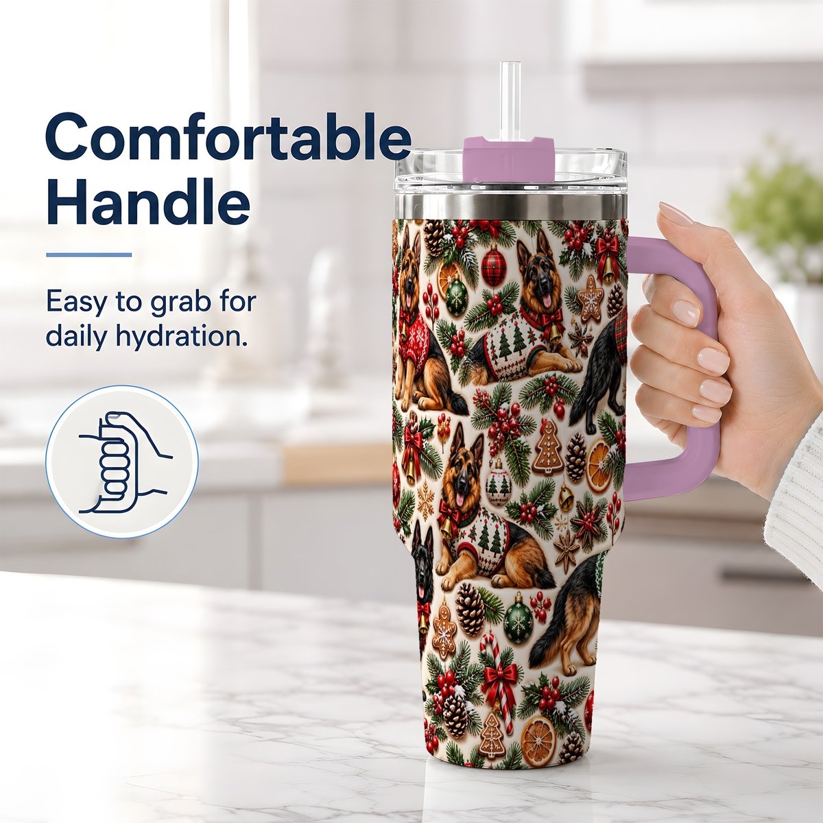 #pl[40oz|Pink] Christmas German Shepherd Tumbler 40oz, Holiday Dog Pattern