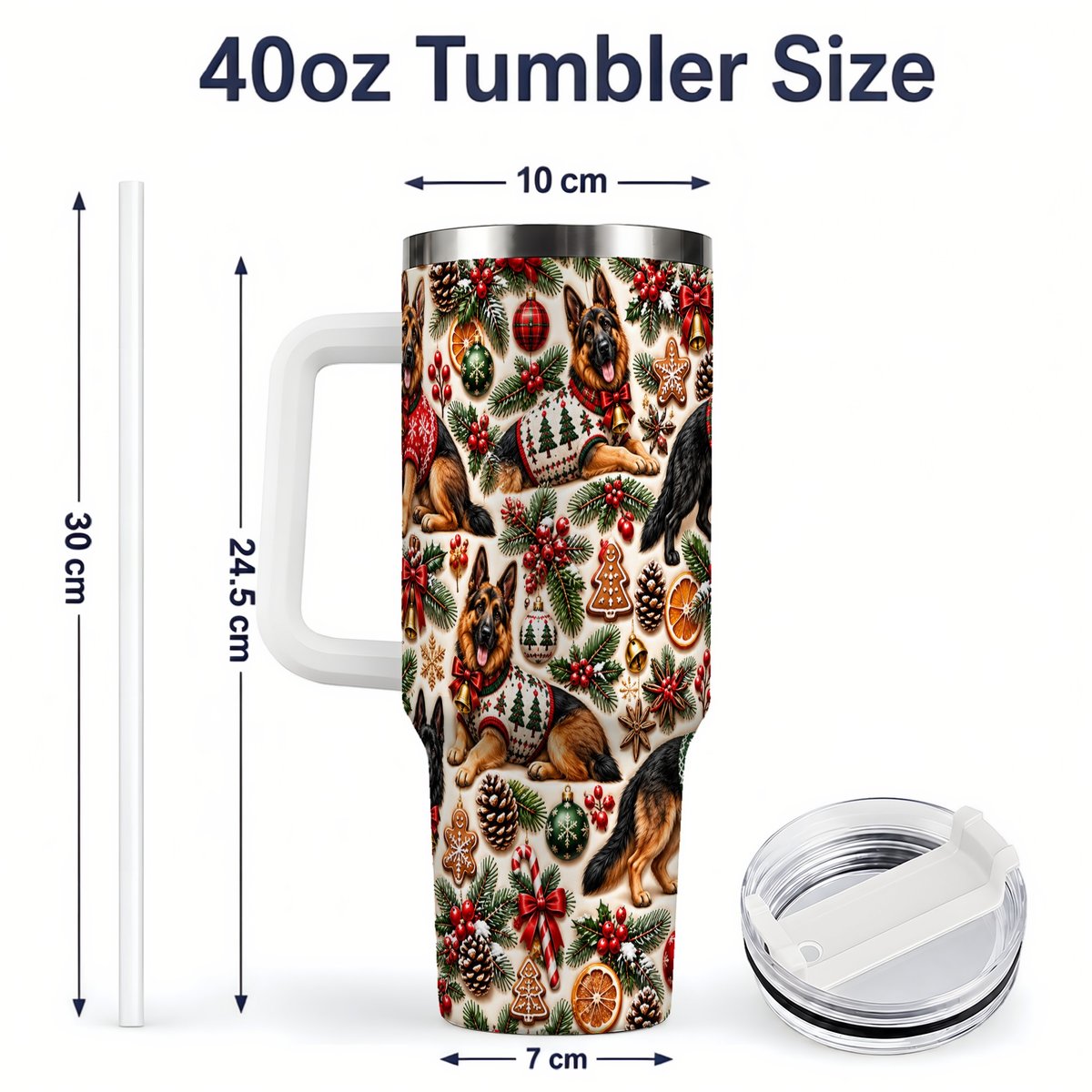 #pl[40oz|White] Christmas German Shepherd Tumbler 40oz, Holiday Dog Pattern