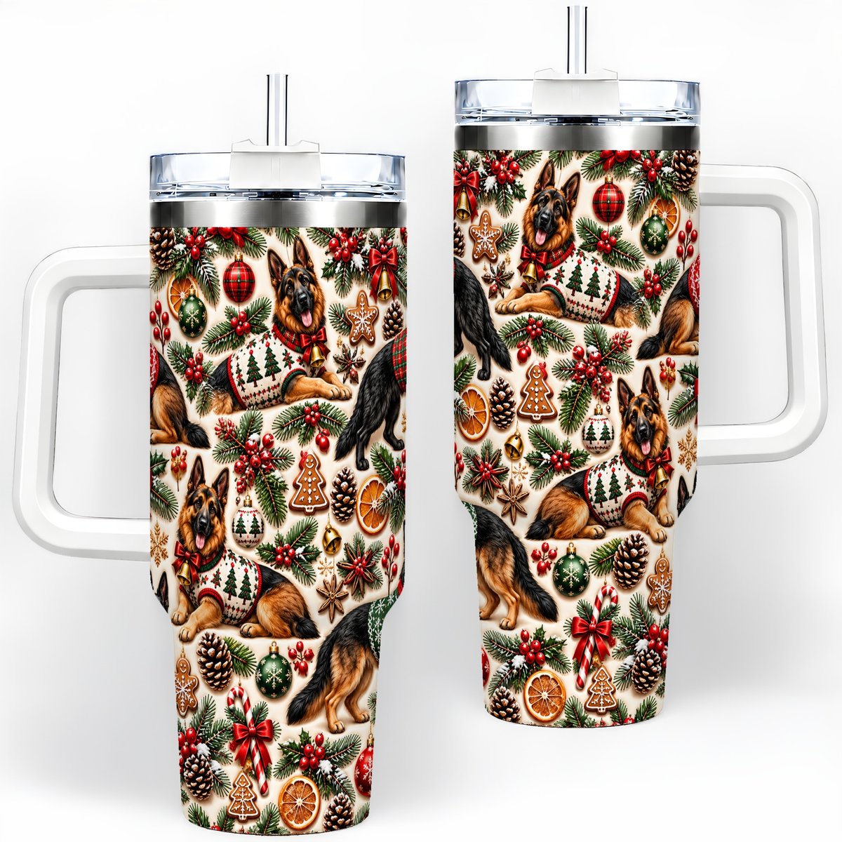 Christmas German Shepherd Tumbler 40oz, Holiday Dog Pattern