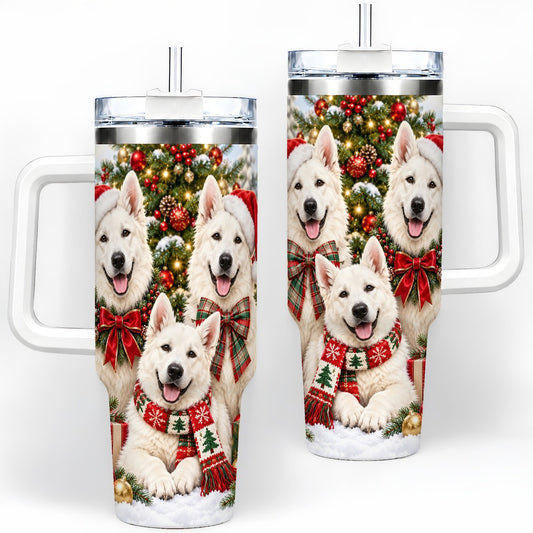 White Shepherd Dog Family Tumbler 40oz, Holiday Portrait