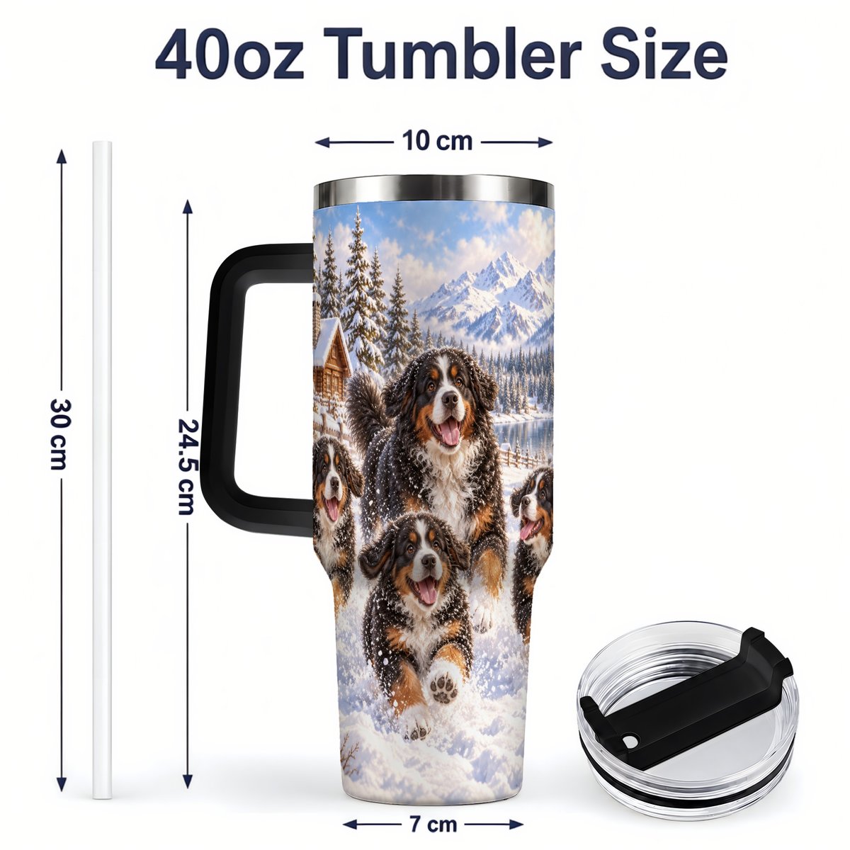 #pl[40oz|Black] Winter Bernese Mountain Dogs Tumbler 40oz, Mountain Snow Scene