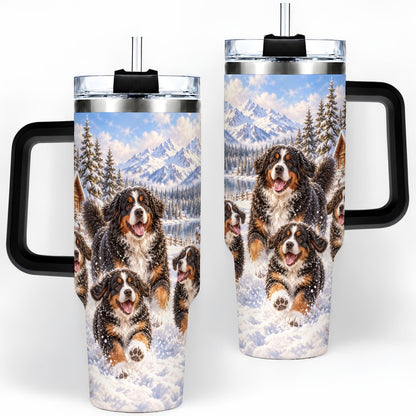 #pl[40oz|Black] Winter Bernese Mountain Dogs Tumbler 40oz, Mountain Snow Scene
