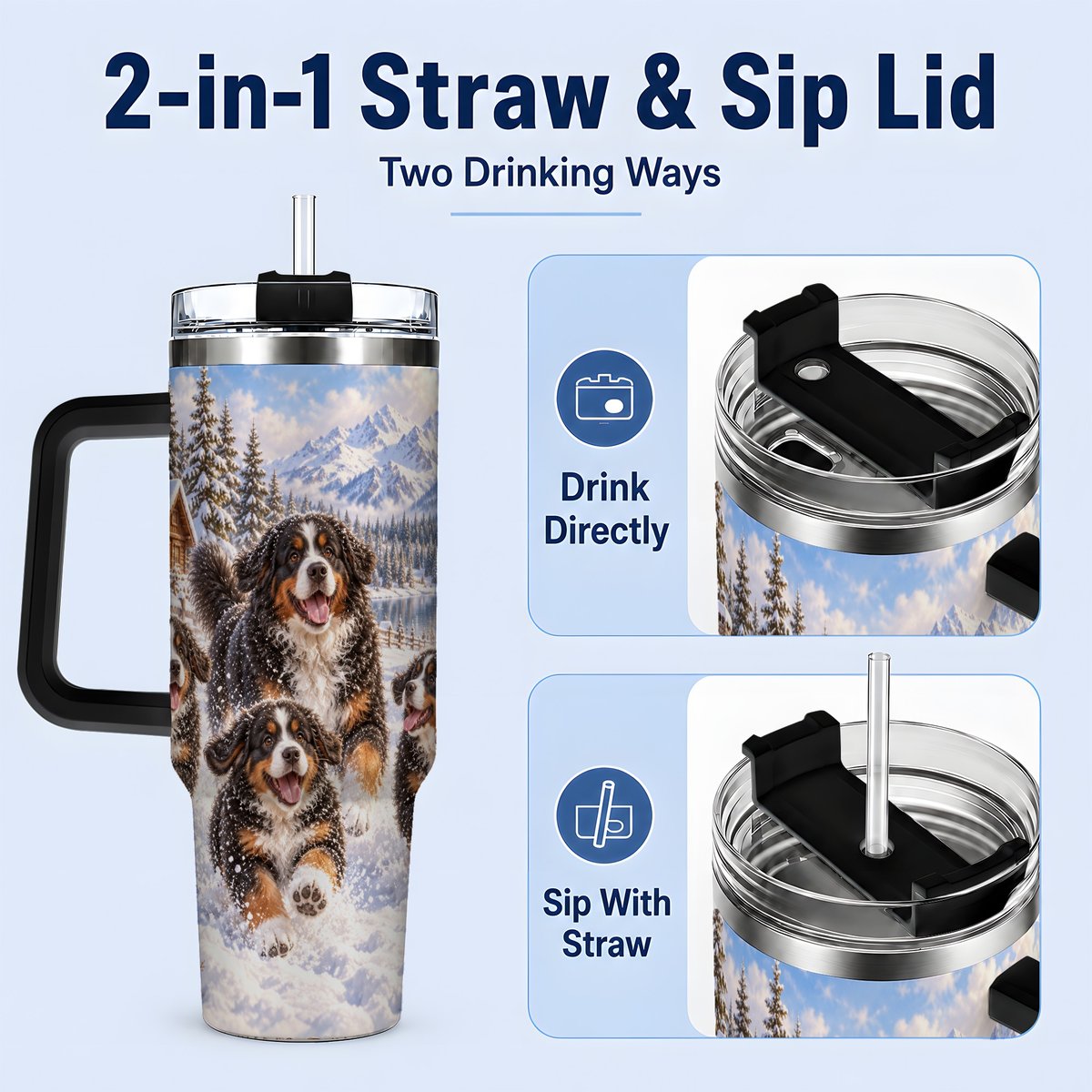 #pl[40oz|Black] Winter Bernese Mountain Dogs Tumbler 40oz, Mountain Snow Scene