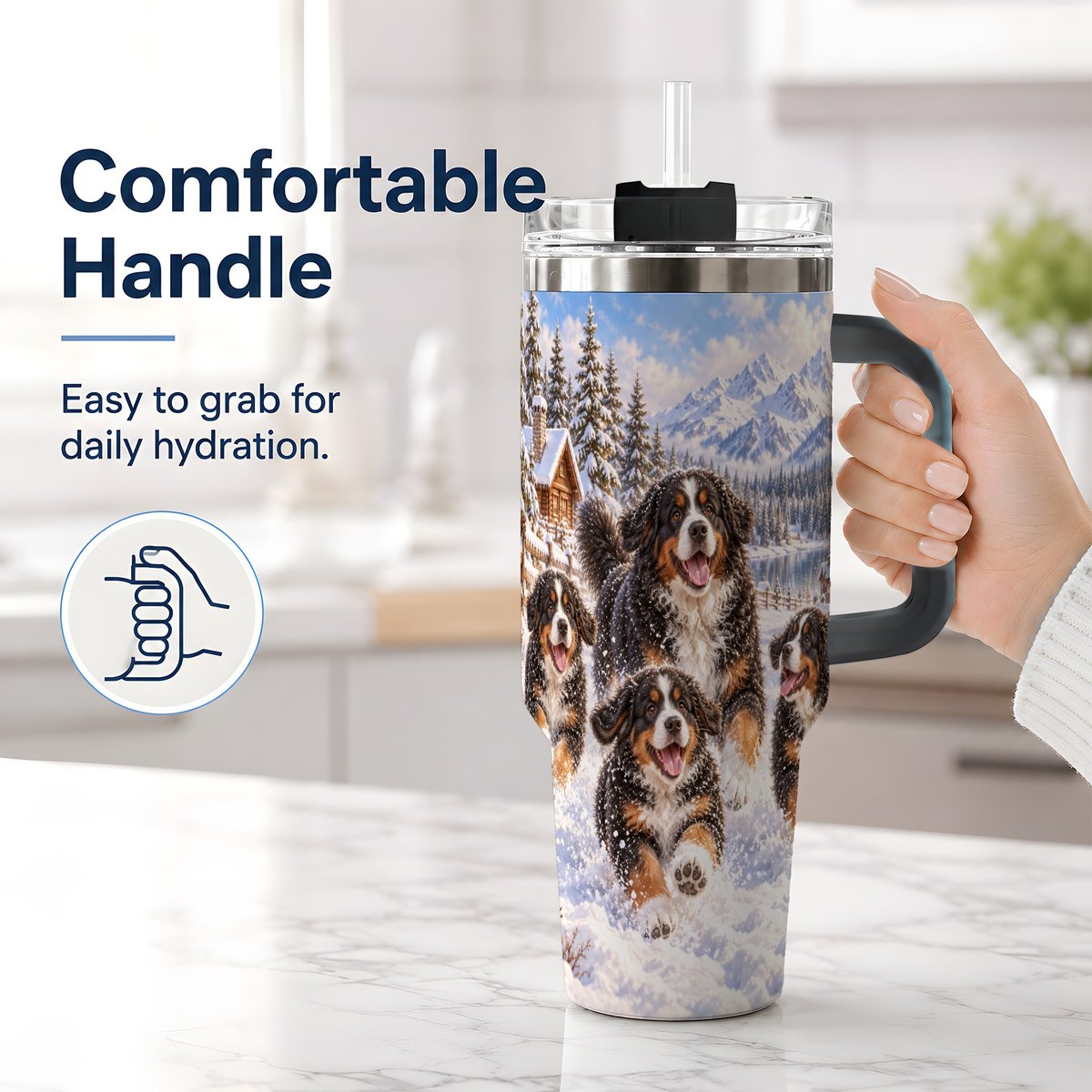 #pl[40oz|Black] Winter Bernese Mountain Dogs Tumbler 40oz, Mountain Snow Scene