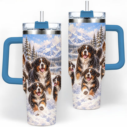 #pl[40oz|Blue] Winter Bernese Mountain Dogs Tumbler 40oz, Mountain Snow Scene