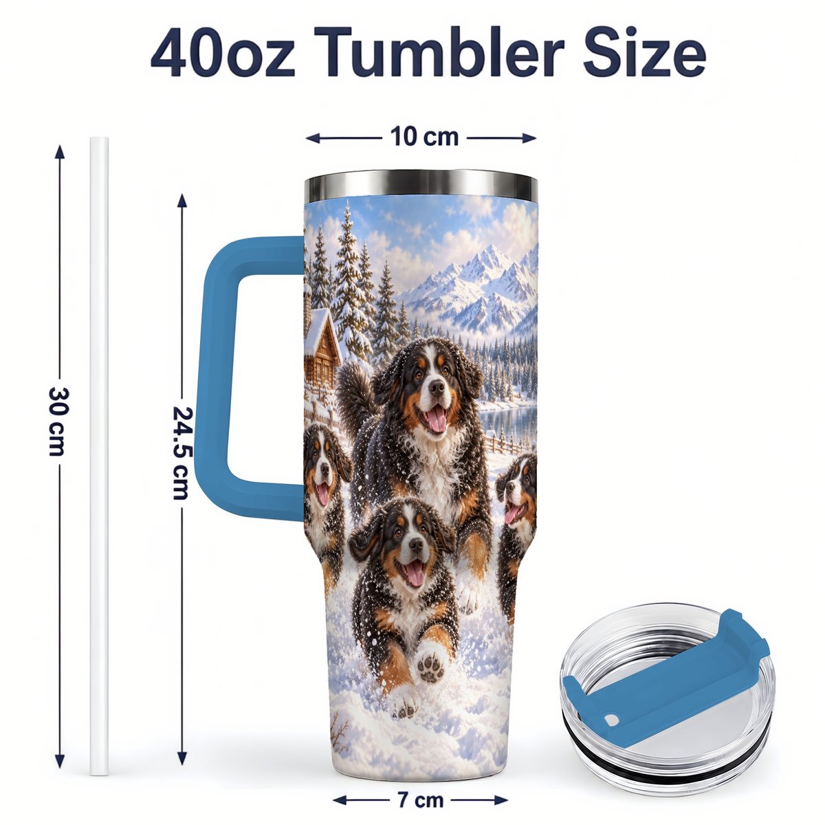 #pl[40oz|Blue] Winter Bernese Mountain Dogs Tumbler 40oz, Mountain Snow Scene