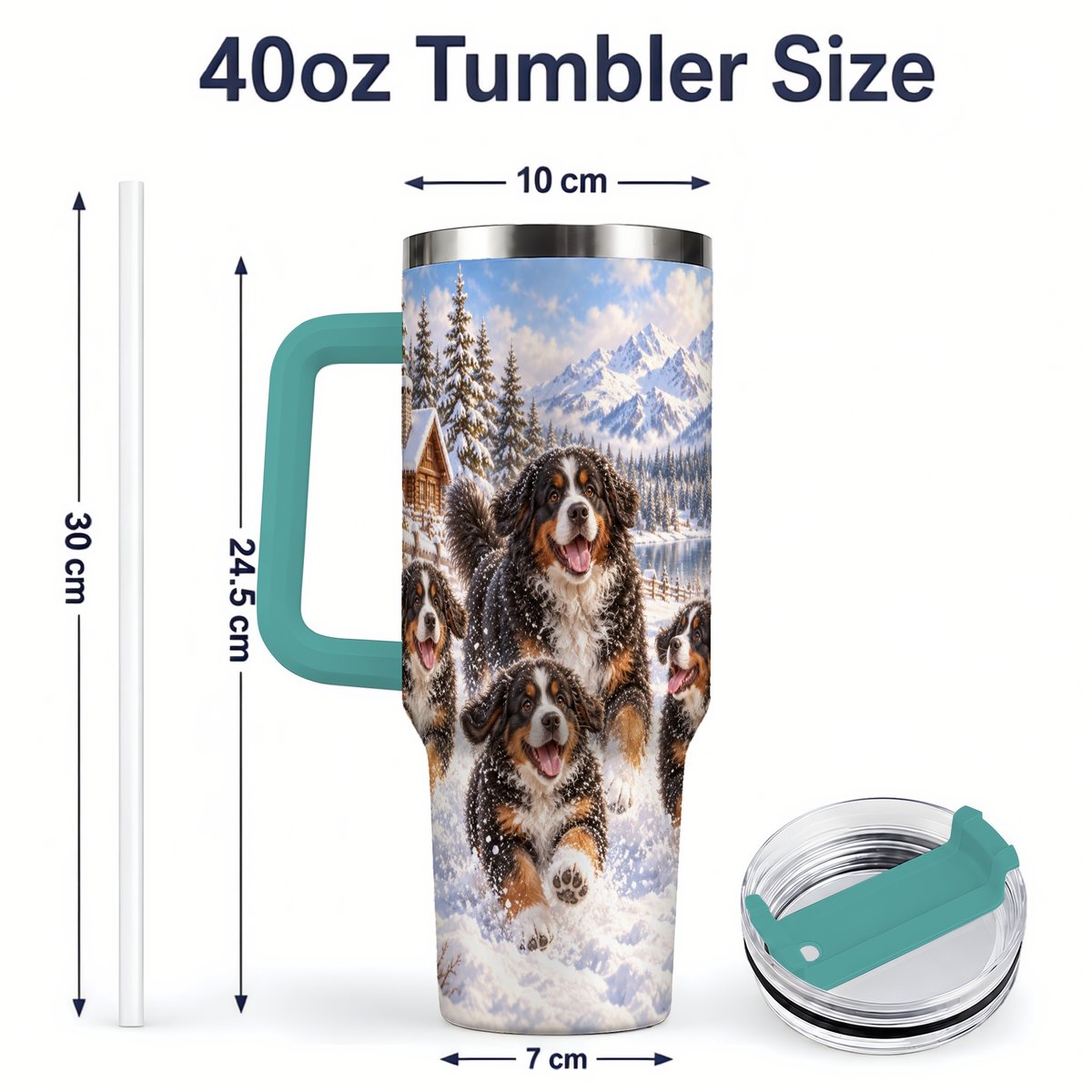 #pl[40oz|Green] Winter Bernese Mountain Dogs Tumbler 40oz, Mountain Snow Scene