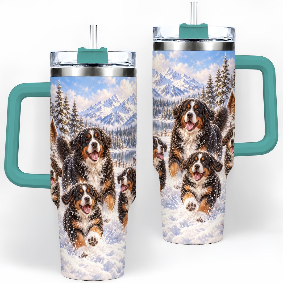 #pl[40oz|Green] Winter Bernese Mountain Dogs Tumbler 40oz, Mountain Snow Scene