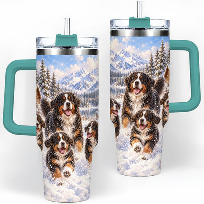 #pl[40oz|Green] Winter Bernese Mountain Dogs Tumbler 40oz, Mountain Snow Scene