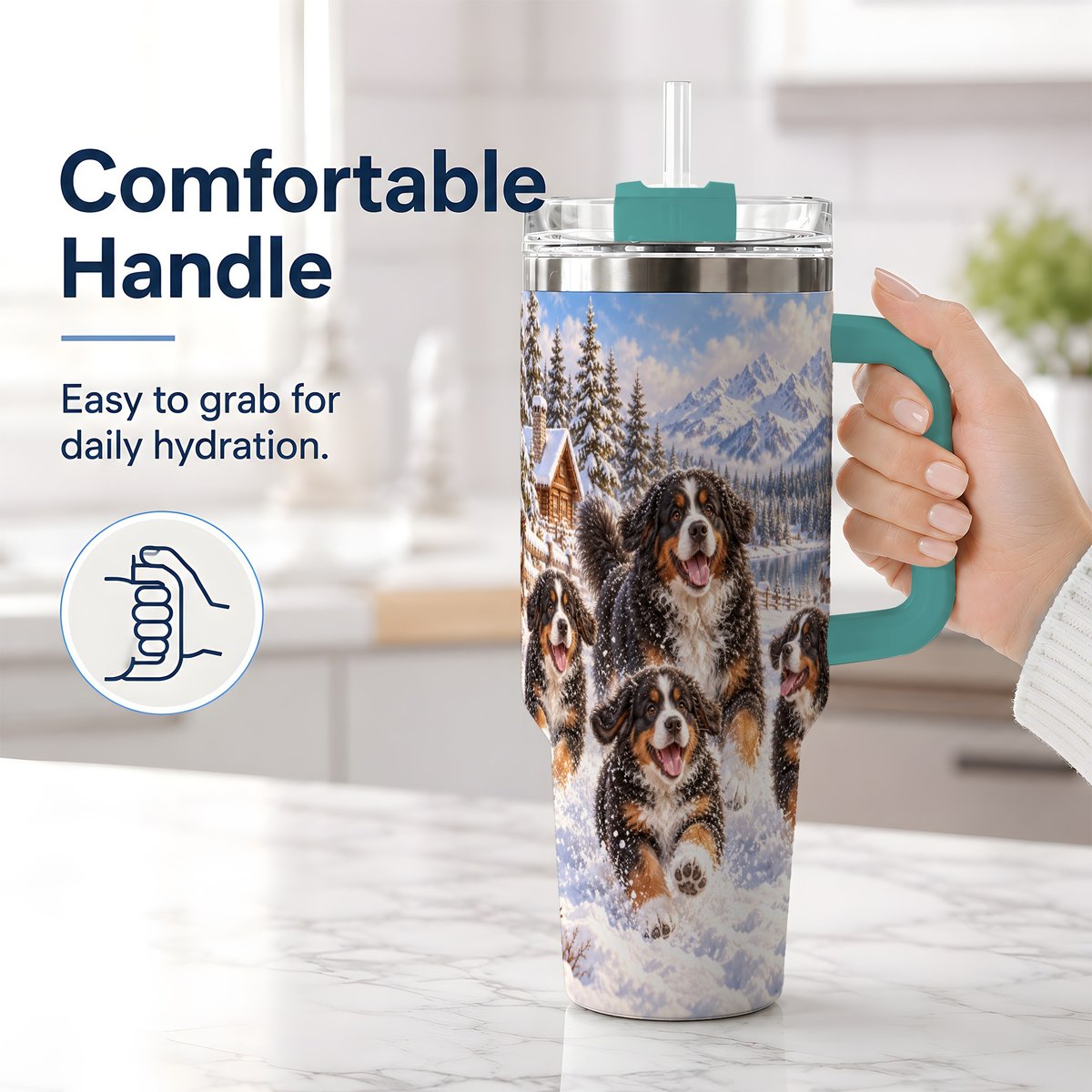 #pl[40oz|Green] Winter Bernese Mountain Dogs Tumbler 40oz, Mountain Snow Scene
