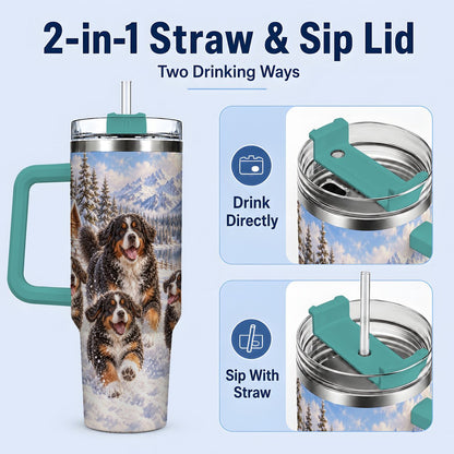#pl[40oz|Green] Winter Bernese Mountain Dogs Tumbler 40oz, Mountain Snow Scene