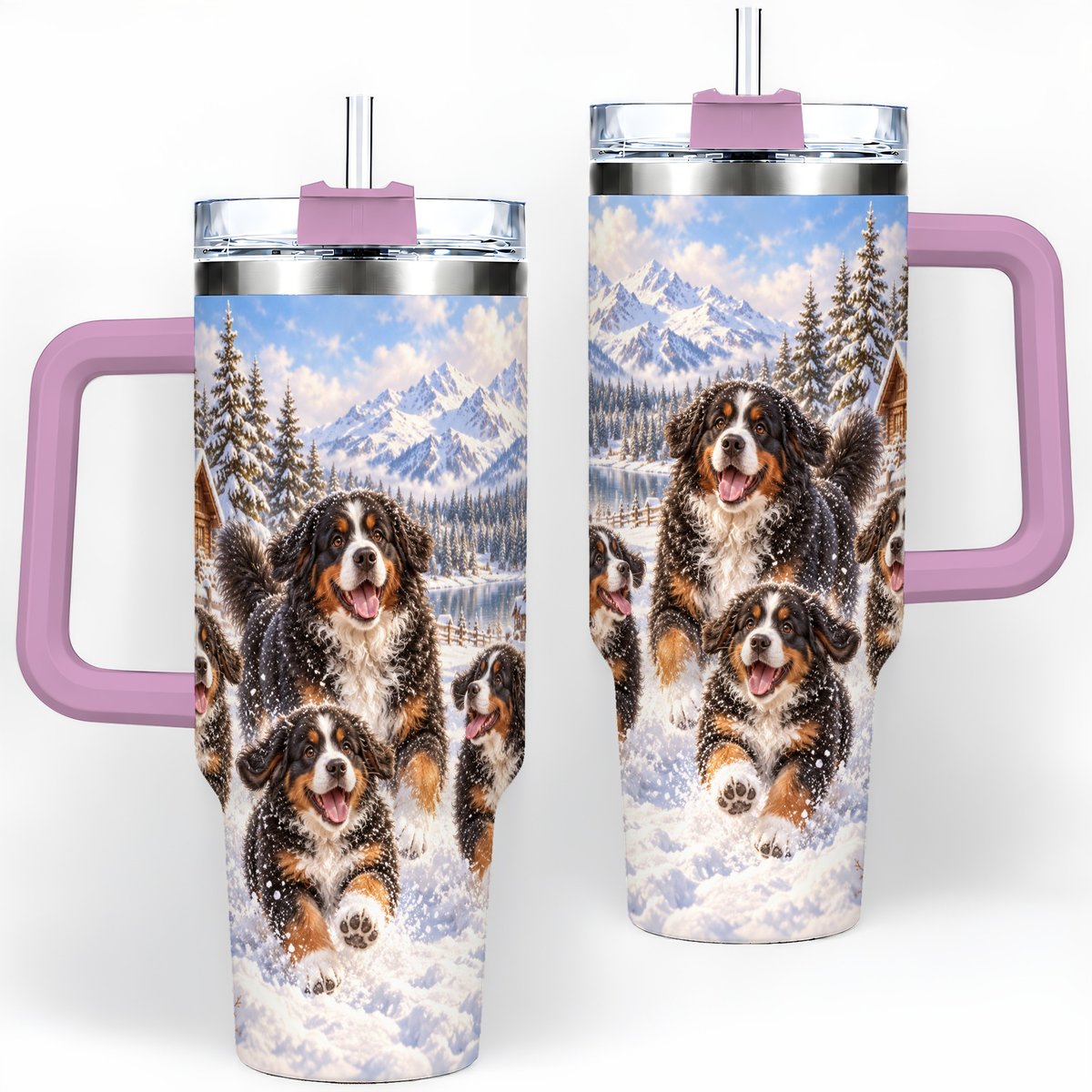 #pl[40oz|Pink] Winter Bernese Mountain Dogs Tumbler 40oz, Mountain Snow Scene