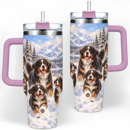 #pl[40oz|Pink] Winter Bernese Mountain Dogs Tumbler 40oz, Mountain Snow Scene